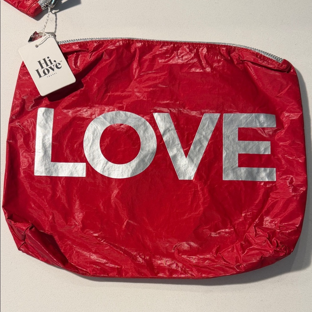 Red Hi Love Travel Pouch with Silver Lettering